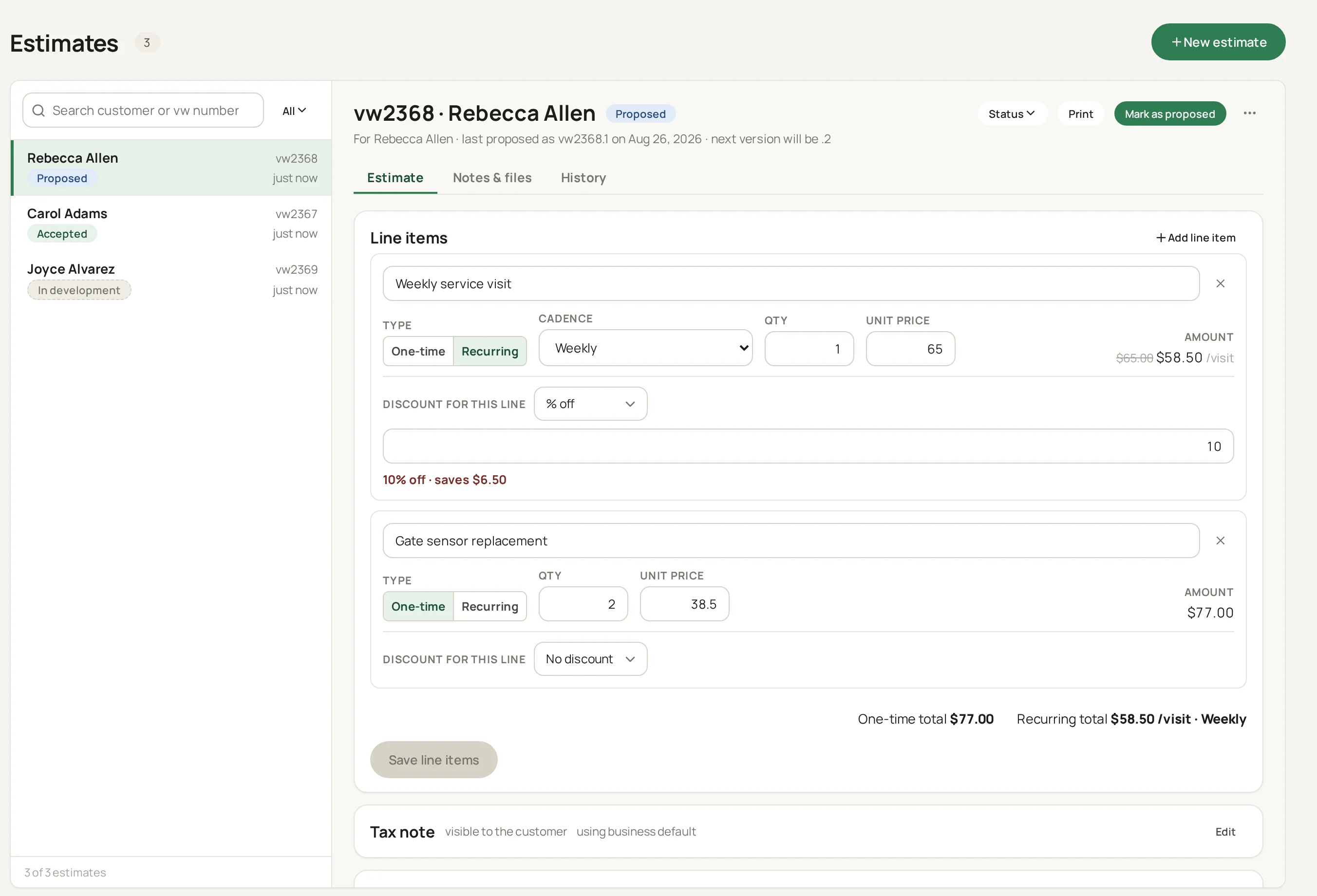 An estimate with recurring and one-time line items and a discount, proposed to the customer and ready to print.