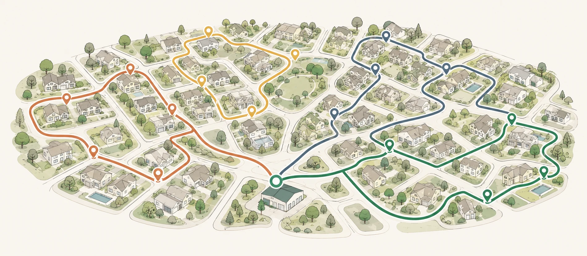 A week of routes across four crews, drawn as four color-coded paths fanning out from one shared depot through a suburban neighborhood, each dotted with customer stops.
